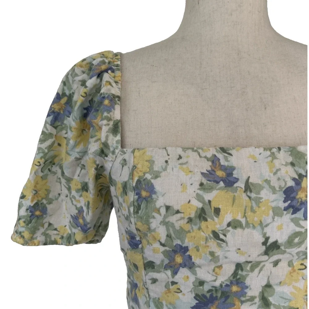 Abercrombie & Fitch Medium Women's Linen-Blend Puff Sleeve Top Yellow Indie Boho